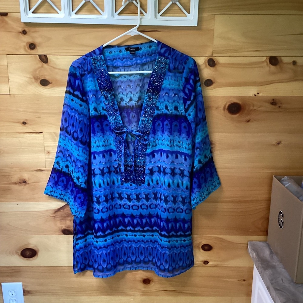Raviya Womens Blue Purple Beaded V-Neck Ikat Chiffon Swim Cover Up Tunic Large